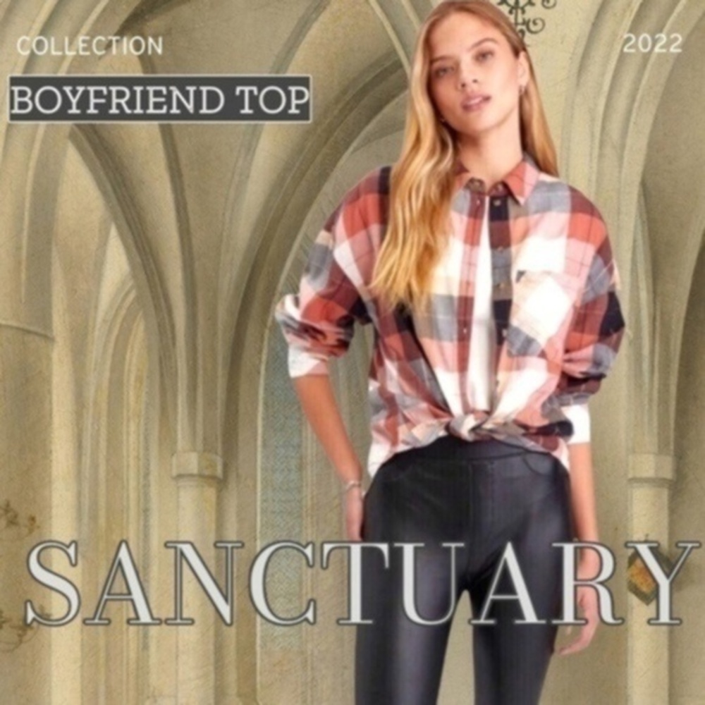 SANCTUARY NWT Heritage Plaid Sustainable Relaxed Boyfriend Button-Down Top/LG